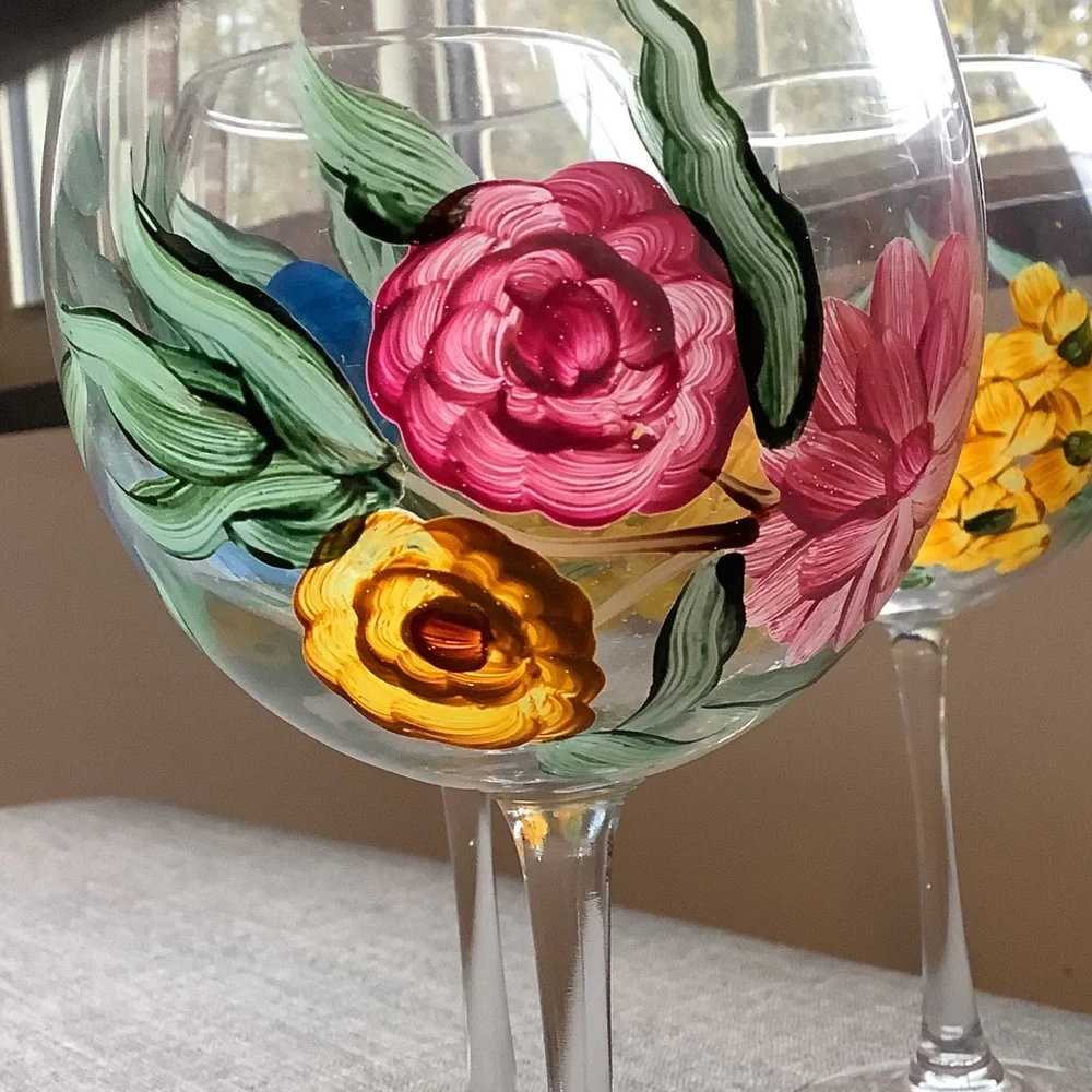 Floral Hand-Painted Wine Glasses Set of 6